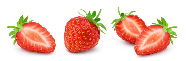 Strawberry half isolated on white background. Fresh berry with full depth of field. Set or collection.