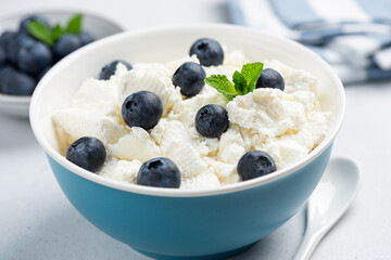 Curd cheese, cottage cheese or tvorog in a bowl with fresh blueberries, closeup view homemade dairy product rich in calcium and protein