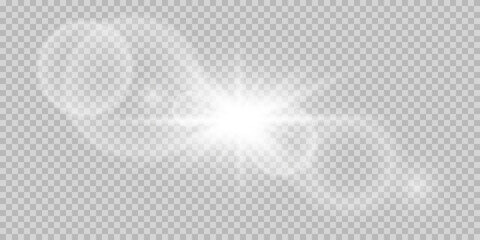 Shining sun glare rays, lens flare vector illustration. Vector transparent sunlight special lens flare light effect. Sunlight glowing png effect.