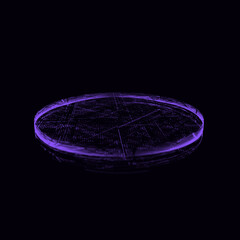 Abstract music sound cover. Dark cyberspace with moving particles. Futuristic circle lid with digital database. Big data analytics. 3d rendering.