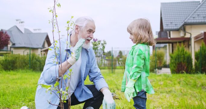 Happy cheerful grandfather and cute small grandson working in garden together and giving high five to each other. Little kid with grandpa planting trees in orchard. Summer work at village house.