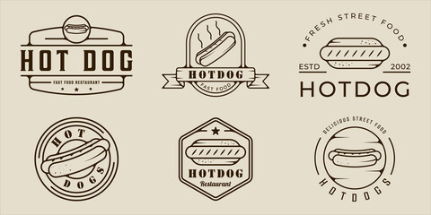 set of hotdog line art vector illustration template icon graphic design. bundle collection of various hotdogs street and fast food sign or symbol for business restaurant and cafe with badge - obrazy, fototapety, plakaty
