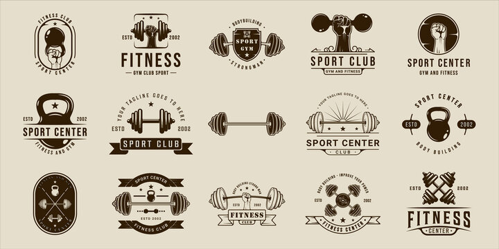 set of gym or fitness logo sport line vintage vector illustration template icon graphic design. bundle collection of various body building sign or symbol for training center concept typography