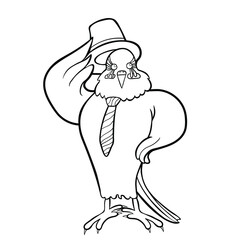coloring Wavy parrot fashionable man in a hat and tie vector illustration