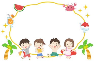 吹き出しと水着を着た子供たちのフレームイラスト　線なし