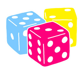 Game dice to try your luck, fortune. Risky funny activity, casino, bet, gambling, addiction, win or lose. Colourful silhouette illustration. Comic cartoon style drawing.