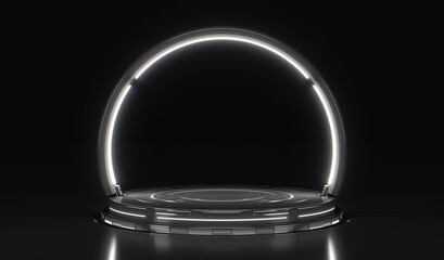 Futuristic stage with light empty Future platform for product circles glowing neon. Science technology concept. 3D illustration.