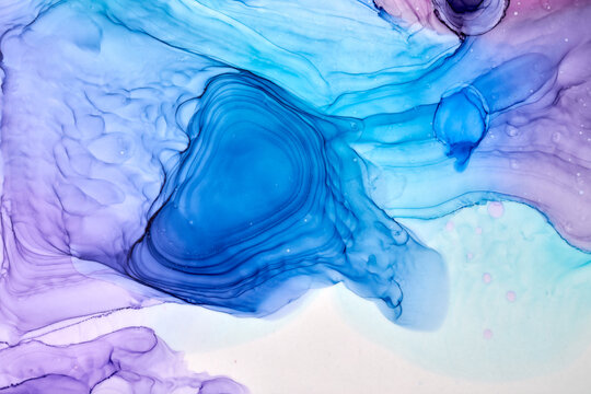 Purple blue ink abstract background, marble texture, fluid art pattern wallpaper, paint mix underwater wavy spots and stains