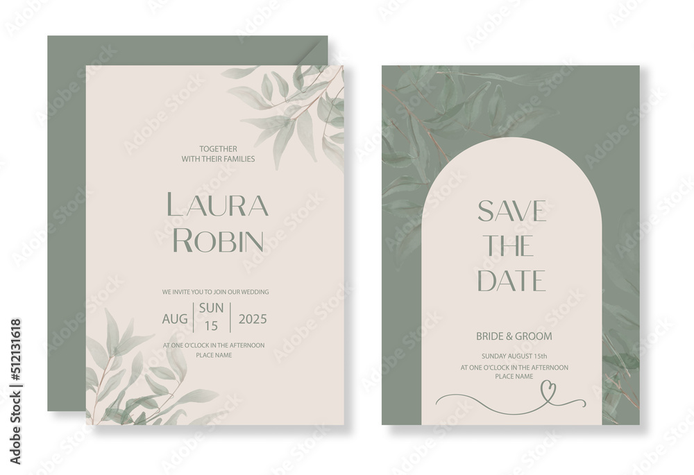 Wall mural botanical greenery wedding invitation template set with watercolor leaf and arch for party, greeting - Wall murals