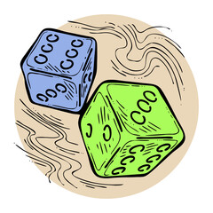 Game dice to try your luck, fortune. Risky funny activity, casino, bet, gambling, addiction, win or lose. Hand drawing retro vintage colorful illustration. Old style comic cartoon line drawing.