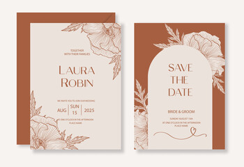 Botanical wedding invitation template set with sketch drawn poppy flower and arch for party, greeting card.