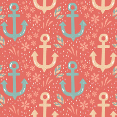 Colorful Summer Vector pattern with anchors and flowers