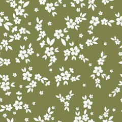 Simple vintage pattern. Cute white flowers and leaves on a green background. Fashionable print for textiles and wallpaper.