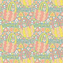 Colorful Summer Vector pattern with beach bags and doodles