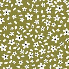Simple vintage pattern. White flowers and leaves. Green background. Fashionable print for textiles and wallpaper.