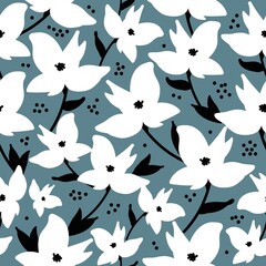 Simple vintage pattern. White flowers, black leaves. blue background. Fashionable print for textiles and wallpaper.