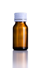 Empty brown medicine pill glass Bottle and reflection isolated on white background, Suitable for Mock up creative graphic design, clipping path.