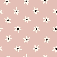 Simple vintage pattern. Cute white flowers on pink background. Fashionable print for textiles and wallpaper.