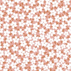 Simple vintage pattern. white flowers and brown leaves. Pink background. Fashionable print for textiles and wallpaper.