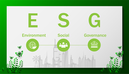 ESG infographic with icon. concept of business trend. environmental, social, and governance in sustainable and ethical business on the Network connection. with globe on a green background.