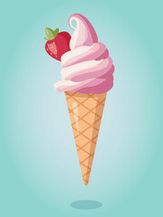 Ice cream strawberry vector. Vanila dessert summer illustration. Frozen snack. Waffle ice cream. 