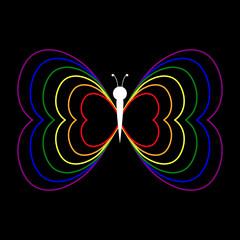 White silhouette butterfly with outline colorful rainbow heart shape wings over the black background. Vector illustration