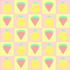 Summer seamless pattern, including tropical fruits (pineapples and watermelons) on pink and yellow checkered background. Vector illustration