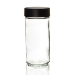 transparent glass jars for spices on a white background