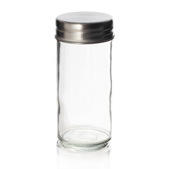 transparent glass jars for spices on a white background