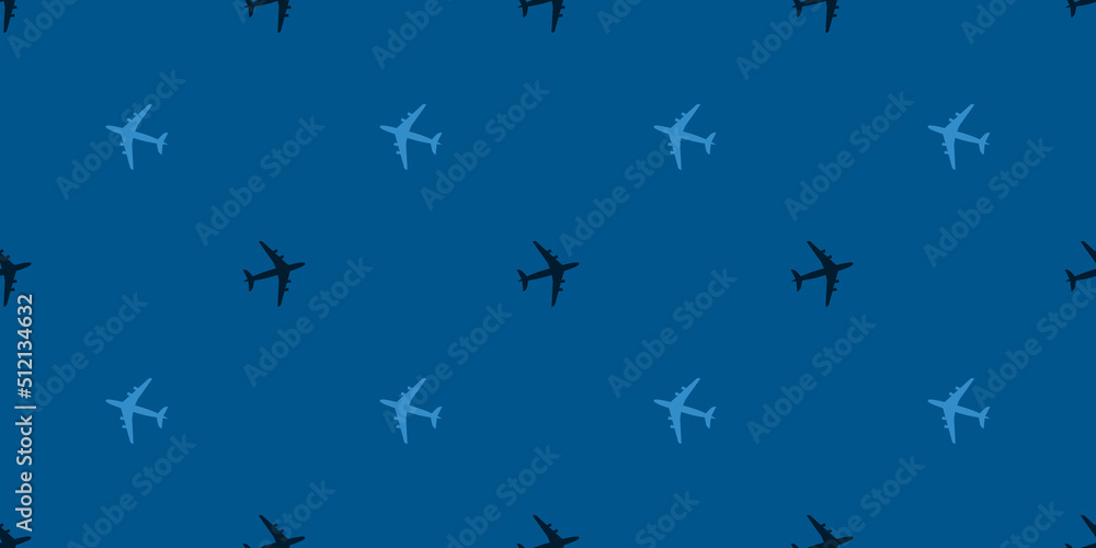 Aufkleber seamless airplane symbols pattern on wide scale blue background - design template in editable vector