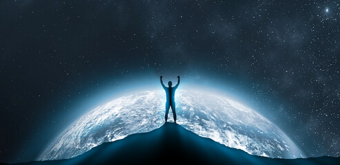Man Standing Against Illuminated Globe At Night. Successful business man standing on top of mountain. competition and leadership concept. Silhouette man Standing Against starry sky and planet earth