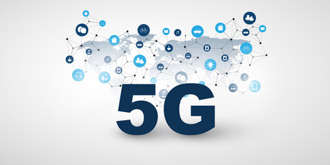 5G Network Label with World Map, Icons and Network Mesh - High Speed Broadband Mobile Telecommunication and Wireless Internet Design, New Cutting Edge Fifth Generation Global Mobile Technology Concept