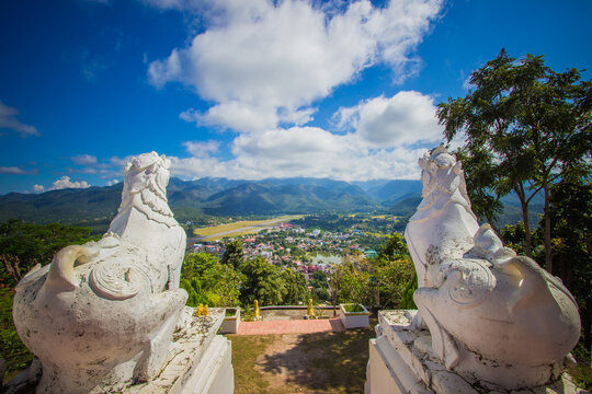 The scenery of Mae Hong Son town,Chong Kham Lake,the airport and forested hills of Burma as seen from Wat Phra That Doi Kong Mu,Mae Hong Son province,Northern Thailand.

