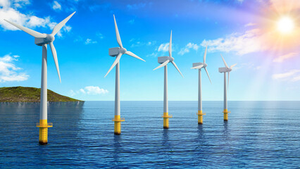 Offshore wind turbine or wind farm against blue sky and sun. Windmill in ocean landscape. Renewable...