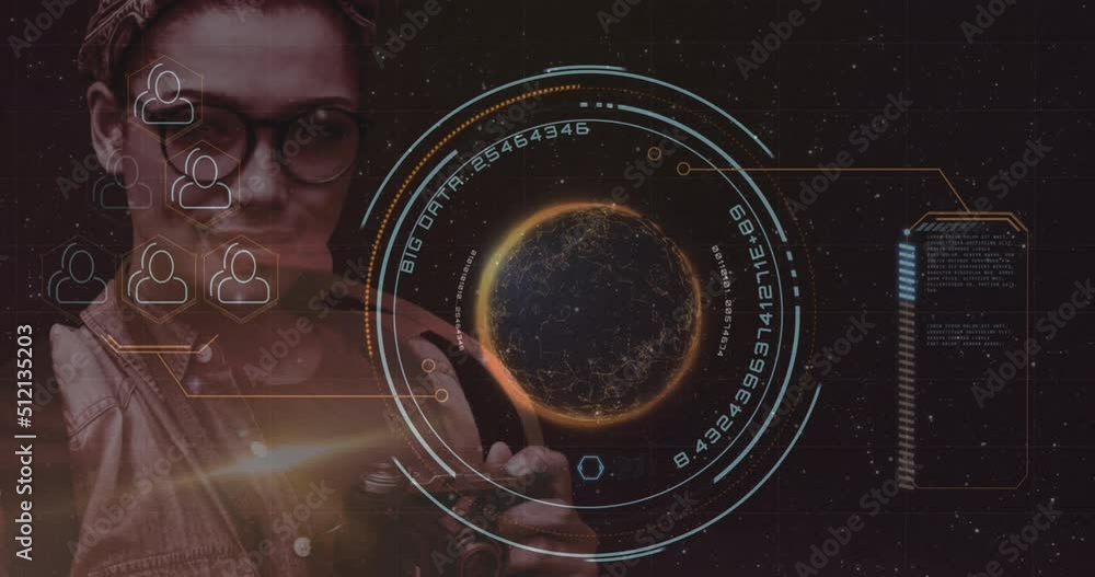 Aufkleber animation of data processing over globe on black background