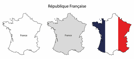 Fototapeta premium Set of contour France state borders; The editable illustration of lines vector maps and map with national flag colours on white backgroud