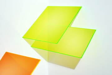 Photography of an orange and neon yellow acrylic sheet with shadow on white background. Stylish geometric shape background. Colourful stage for advertising, promoting new products or packaging.