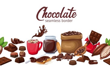 Chocolate desserts set on seamless border vector illustration. Cartoon candy, curl and dark chocolate bar, red cup of hot drink with marshmallow and splash, pod of cocoa beans, choco paste sandwich