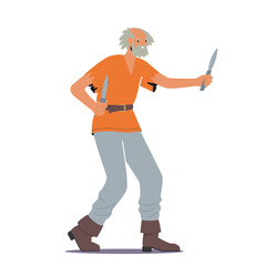 Old Pirate, Thug or Corsair Wear Ragged Clothes Attack with Knives, Angry Senior Filibuster, Fairy Tale Personage, Picaroon
