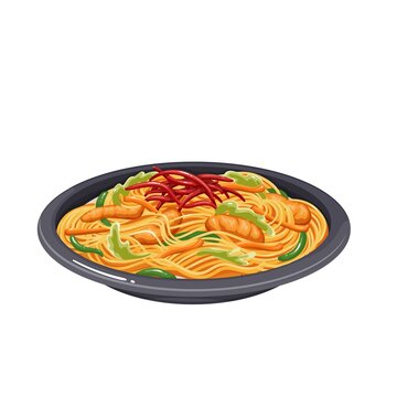 Yakisoba, Japanese food vector illustration. Cartoon isolated fried wheat noodle with pork and chopped vegetables, hot stir fry dish with yakisoba sauce on plate, delicious menu of Japan restaurant