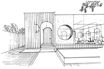 Line sketch of the building in front of the restaurant,modern design,vector,2d illustration