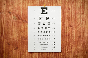 White optometry chart on the wooden wall