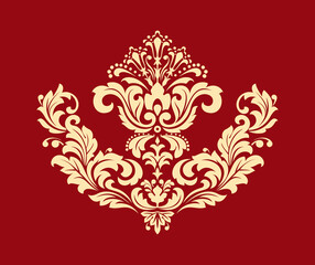 Damask graphic ornament. Floral design element. Gold and red vector pattern