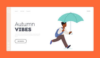 Fototapeta na wymiar Autumn Vibes Landing Page Template. Little African Boy with Umbrella and Schoolbag Run at Rainy Weather at Stormy Day