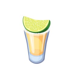 Tequila shot glass with lime and salt vector illustration. Cartoon refreshing Mexican alcohol liquor drink from tropical agave, isolated beverage for summer tequila party