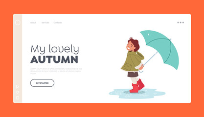 Happy Little Girl with Umbrella Walk on Street Landing Page Template. Baby Character in Rubber Boots Stand in Puddle