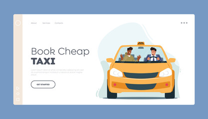 Book Cheap Taxi Landing Page Template. Driver and Client in Salon. Man Driving Car Speaking with Passenger