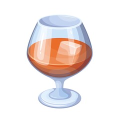 Brandy alcohol drink in snifter glass with ice cubes vector illustration. Cartoon strong liquor from distilled wine, isolated cold brown alcoholic beverage for tasting in bar or pub