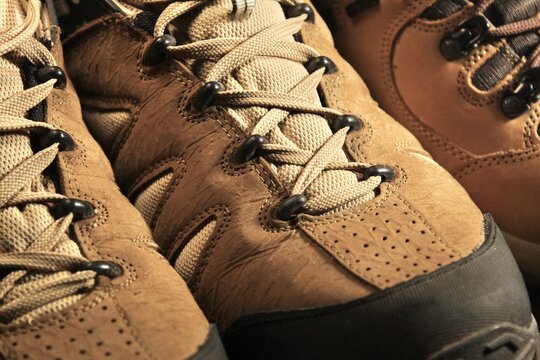 close up of trekking boots. hiking shoes background.
