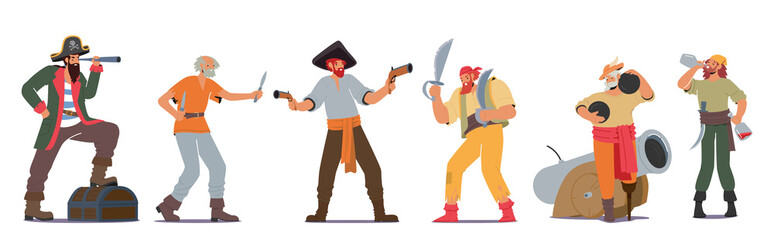 Set of Pirates, Corsairs Characters with Guns, Sabers, Cannon Balls and Bottle of Rum Isolated on White Background